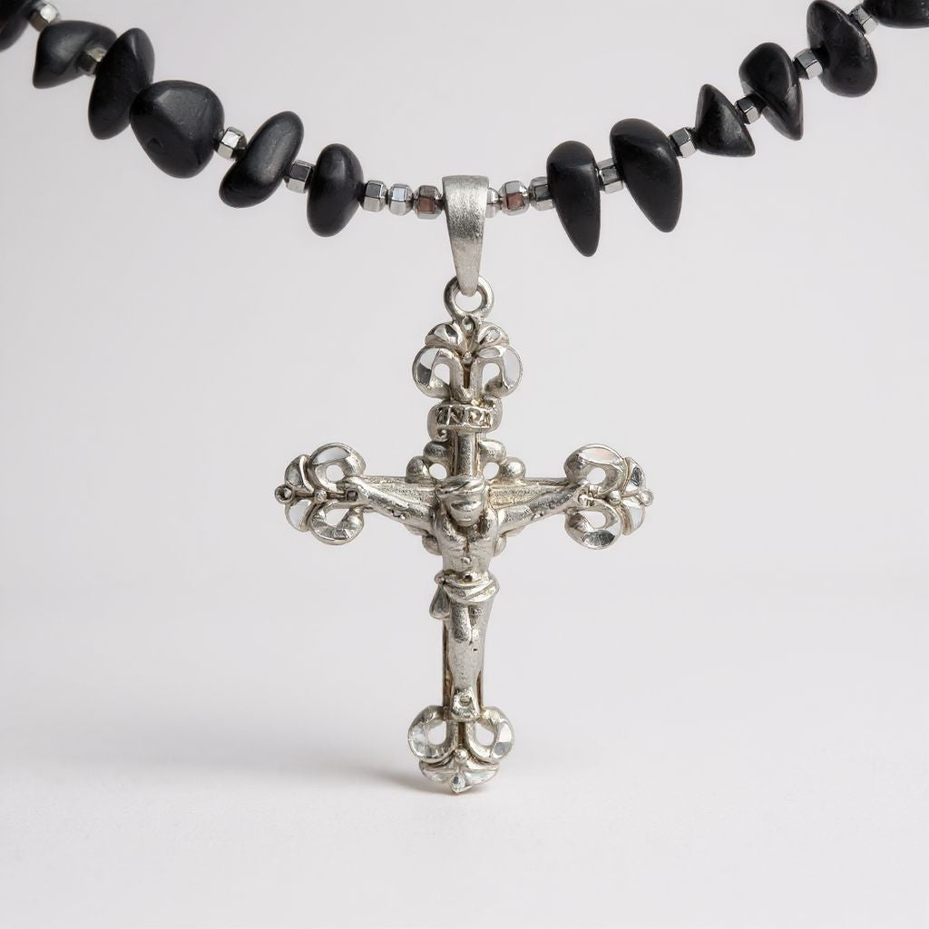 Schungit Energie Kette mit Kreuz Jesus Sterlingsilber 925er rhodiniert Wurzelchakra