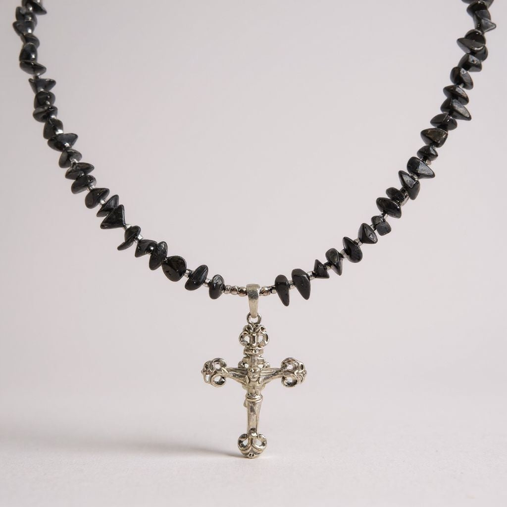 Schungit Energie Kette mit Kreuz Jesus Sterlingsilber 925er rhodiniert Wurzelchakra