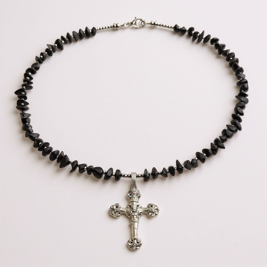 Schungit Energie Kette mit Kreuz Jesus Sterlingsilber 925er rhodiniert Wurzelchakra