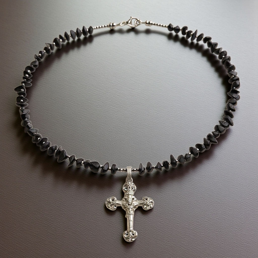 Schungit Energie Kette mit Kreuz Jesus Sterlingsilber 925er rhodiniert Wurzelchakra
