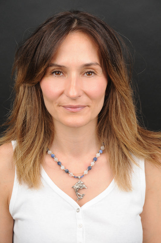 Sodalith Energie Kette mit Anhänger Delfinpaar Sterlingsilber 925er rhodiniert Stirnchakra