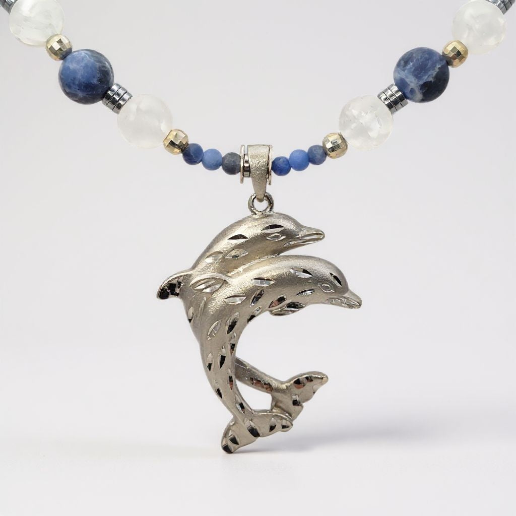 Sodalith Energie Kette mit Anhänger Delfinpaar Sterlingsilber 925er rhodiniert Stirnchakra