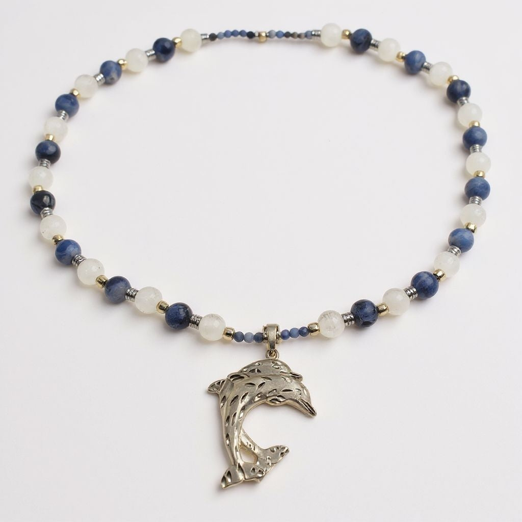 Sodalith Energie Kette mit Anhänger Delfinpaar Sterlingsilber 925er rhodiniert Stirnchakra