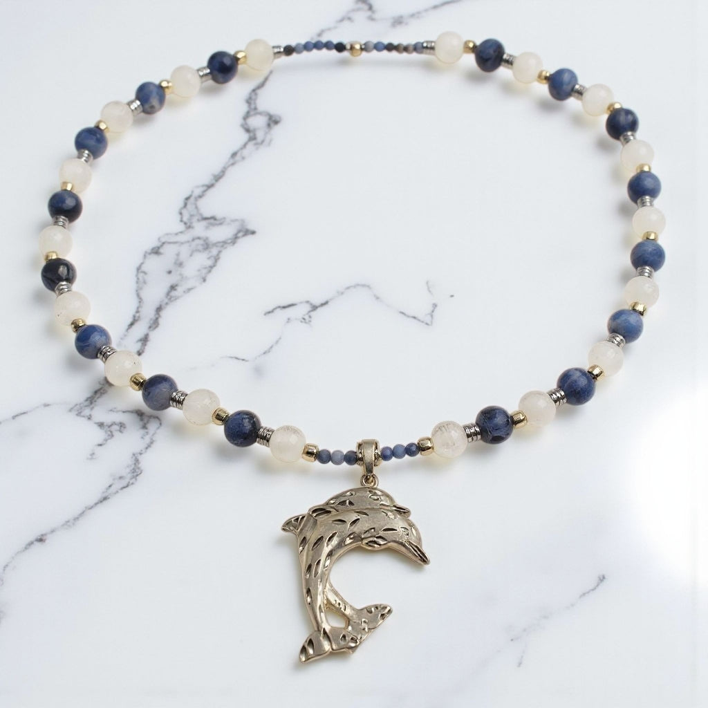 Sodalith Energie Kette mit Anhänger Delfinpaar Sterlingsilber 925er rhodiniert Stirnchakra