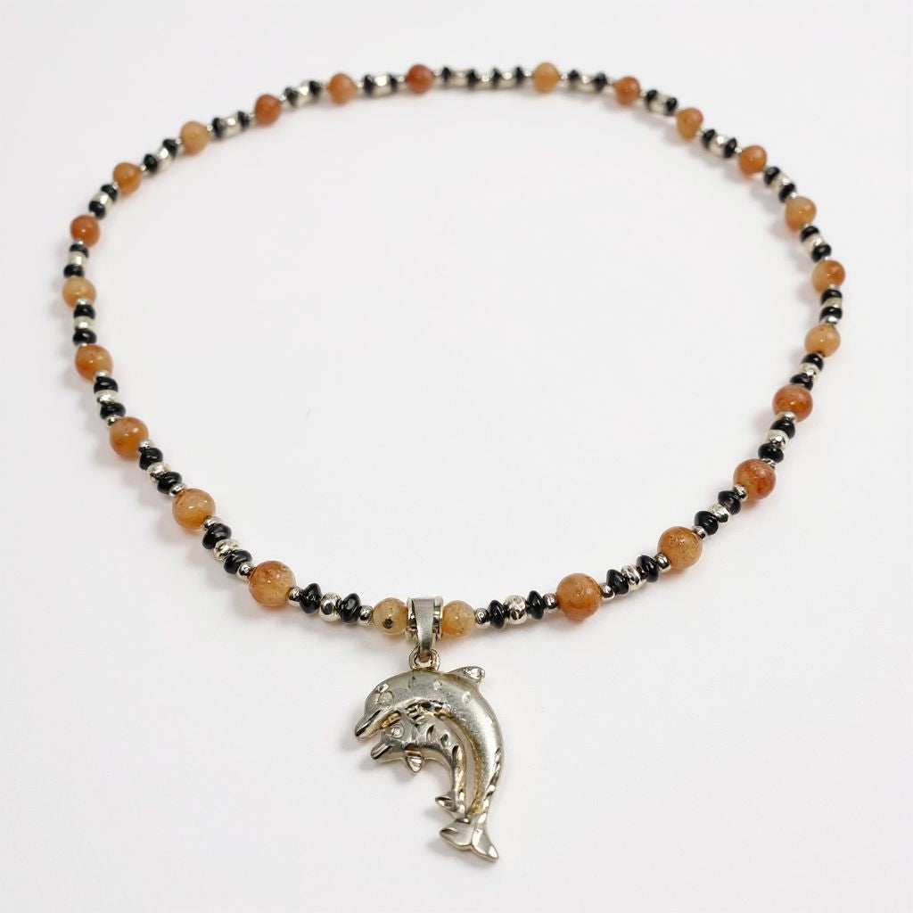 Sonnenstein Energie Kette mit Anhänger Delfine Sterlingsilber 925er rhodiniert Solarplexus Chakra