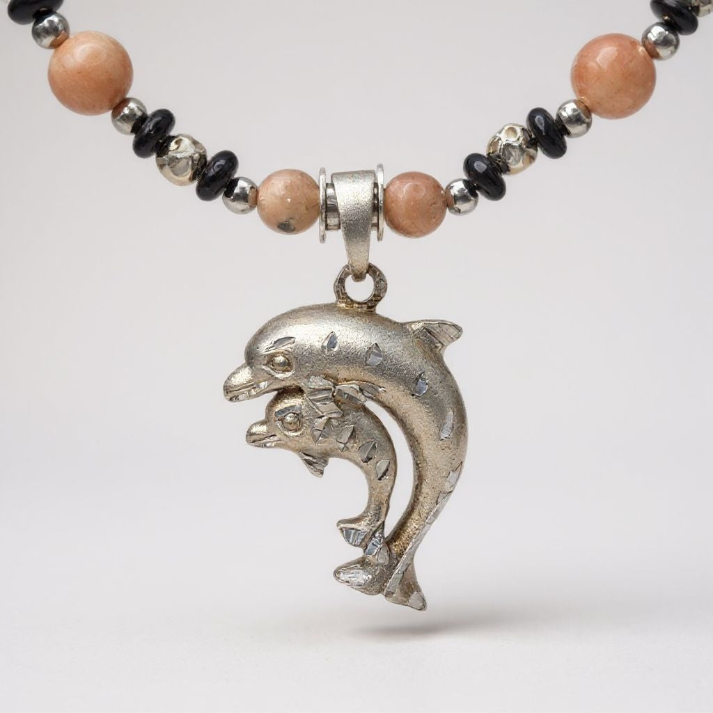 Sonnenstein Energie Kette mit Anhänger Delfine Sterlingsilber 925er rhodiniert Solarplexus Chakra