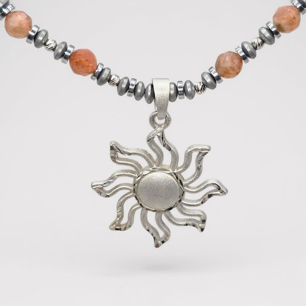 Sonnenstein Energie Kette mit Anhänger Sonne Sterlingsilber 925er rhodiniert Solarplexus Chakra