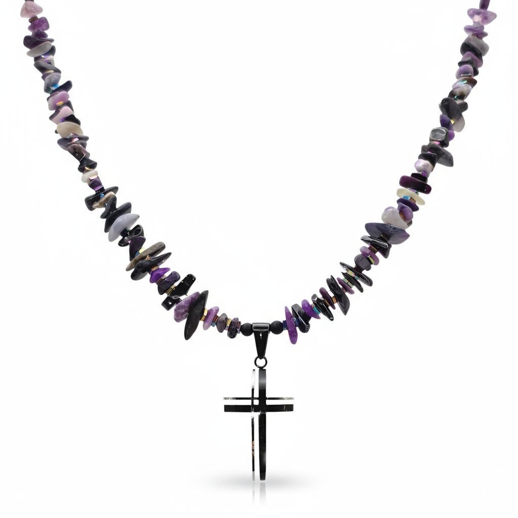 Sugilith Energie Kette mit Kreuz Edelstahl Kronenchakra
