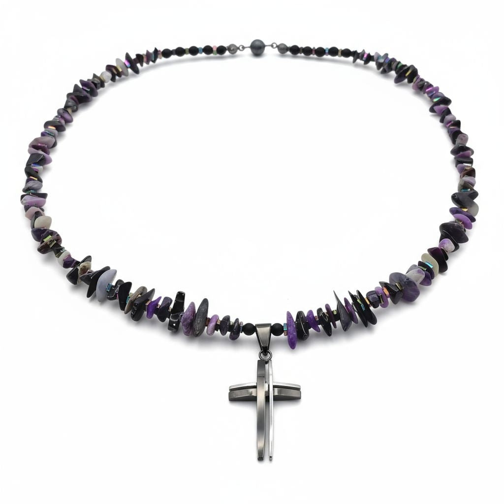 Sugilith Energie Kette mit Kreuz Edelstahl Kronenchakra