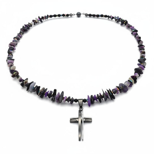 Sugilith Energie Kette mit Kreuz Edelstahl Kronenchakra