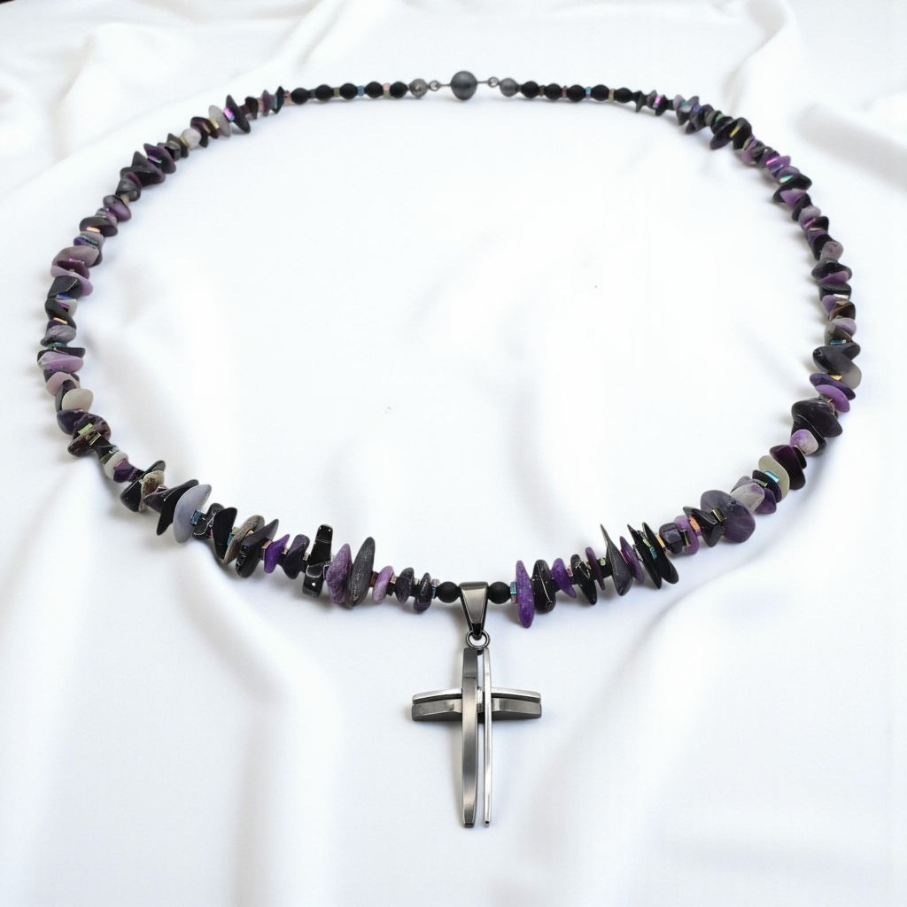 Sugilith Energie Kette mit Kreuz Edelstahl Kronenchakra