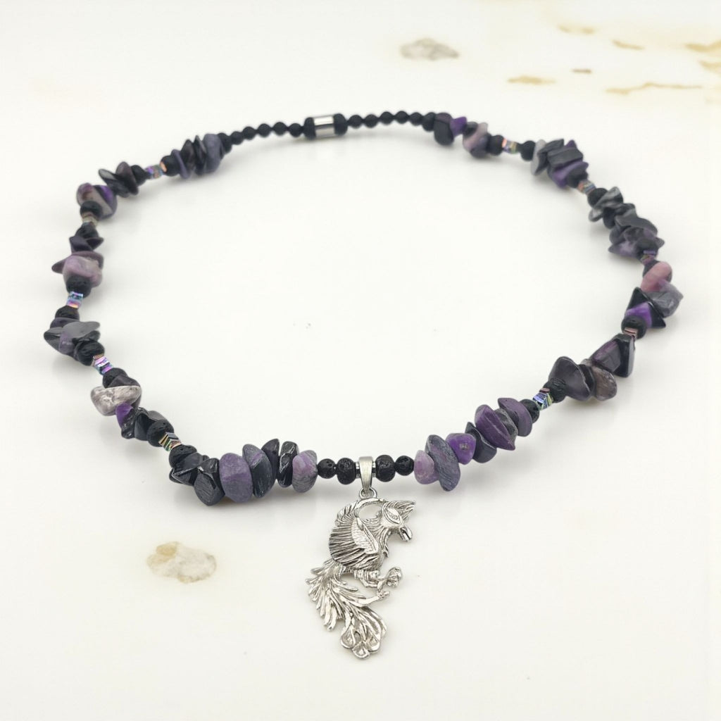 Sugilith Energie Kette mit Anhänger Phönix Sterlingsilber 925er rhodiniert Kronenchakra