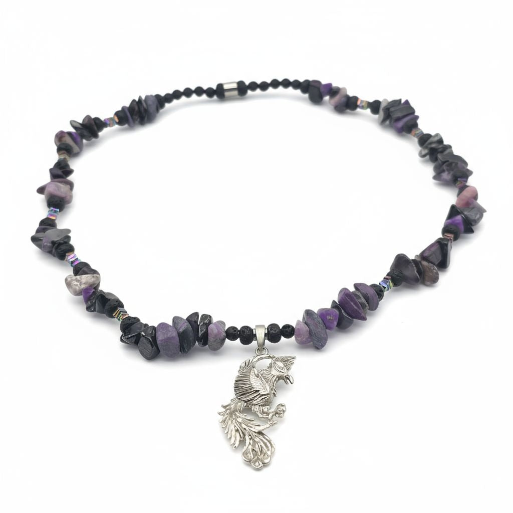 Sugilith Energie Kette mit Anhänger Phönix Sterlingsilber 925er rhodiniert Kronenchakra