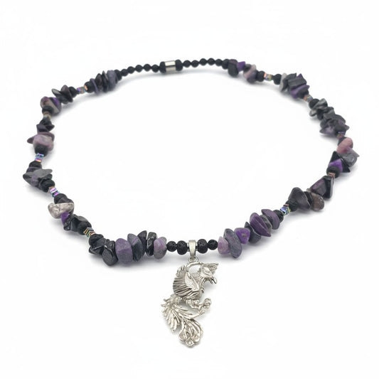 Sugilith Energie Kette mit Anhänger Phönix Sterlingsilber 925er rhodiniert Kronenchakra