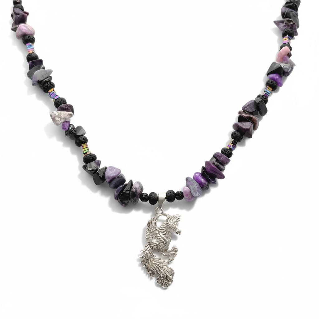 Sugilith Energie Kette mit Anhänger Phönix Sterlingsilber 925er rhodiniert Kronenchakra