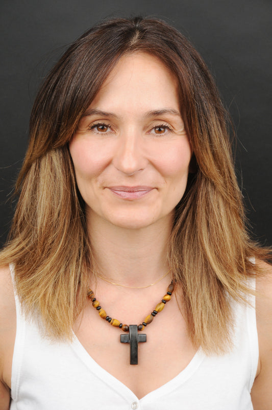 Tigerauge Energie Kette mit Kreuz Onyx Solarplexus Chakra