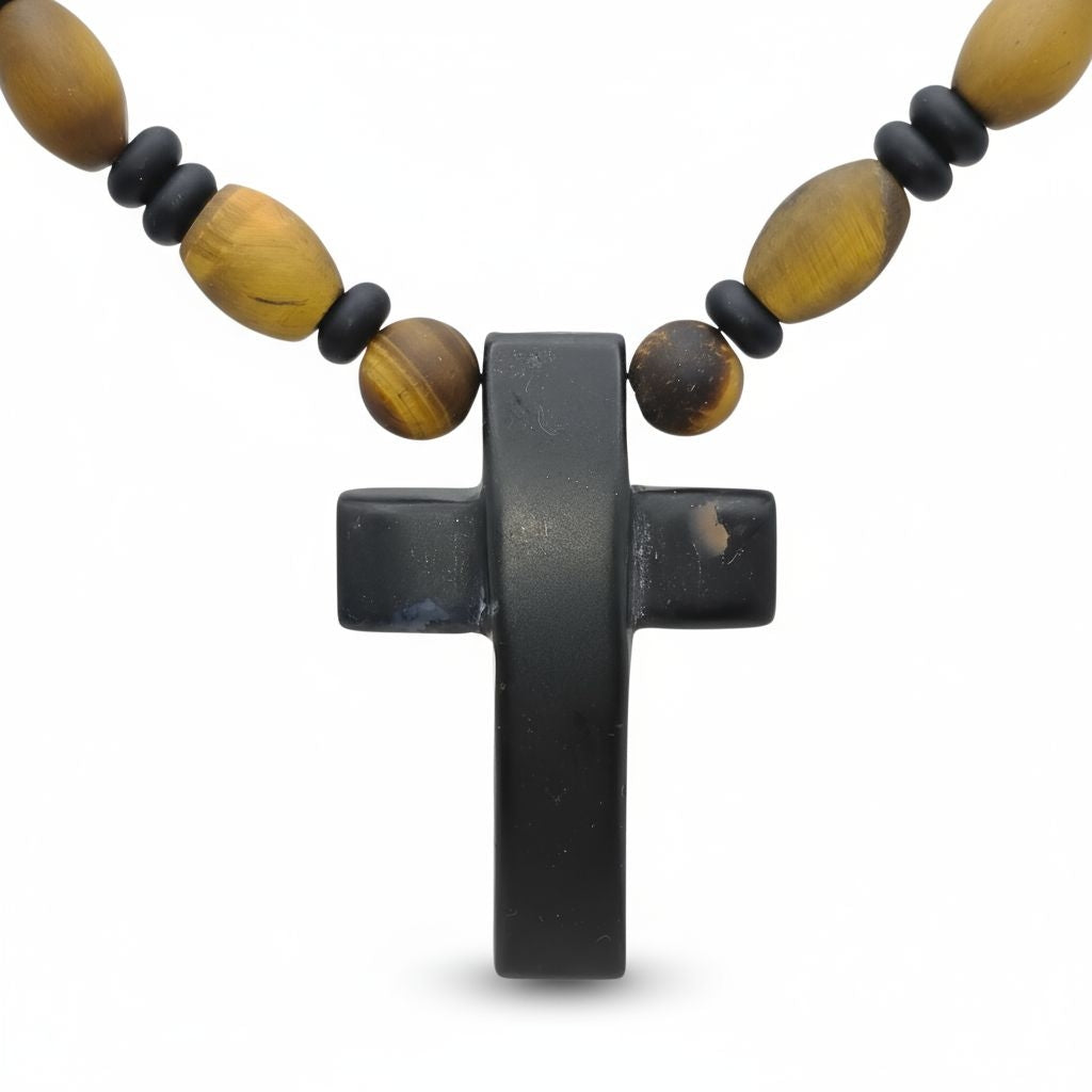 Tigerauge Energie Kette mit Kreuz Onyx Solarplexus Chakra
