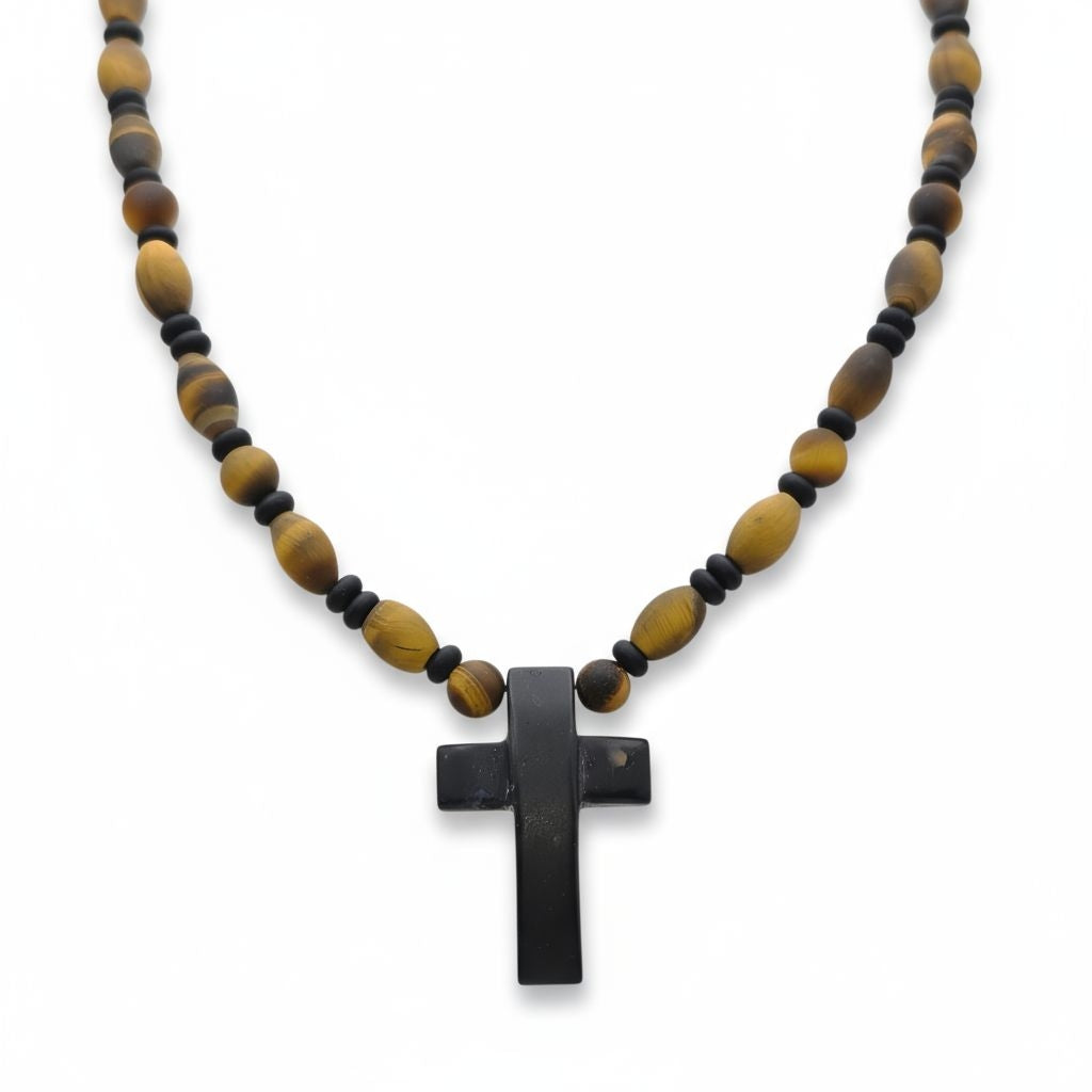 Tigerauge Energie Kette mit Kreuz Onyx Solarplexus Chakra