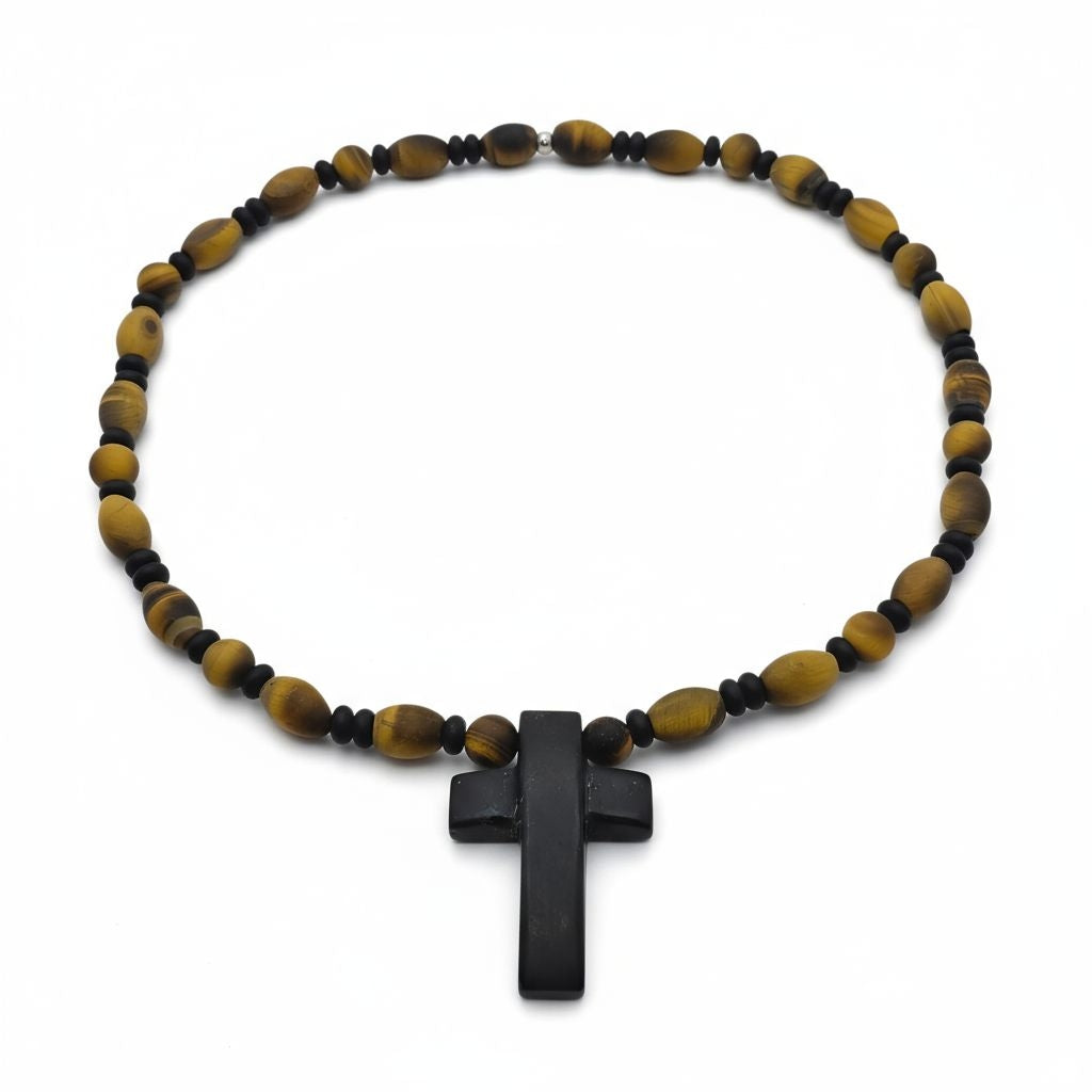 Tigerauge Energie Kette mit Kreuz Onyx Solarplexus Chakra