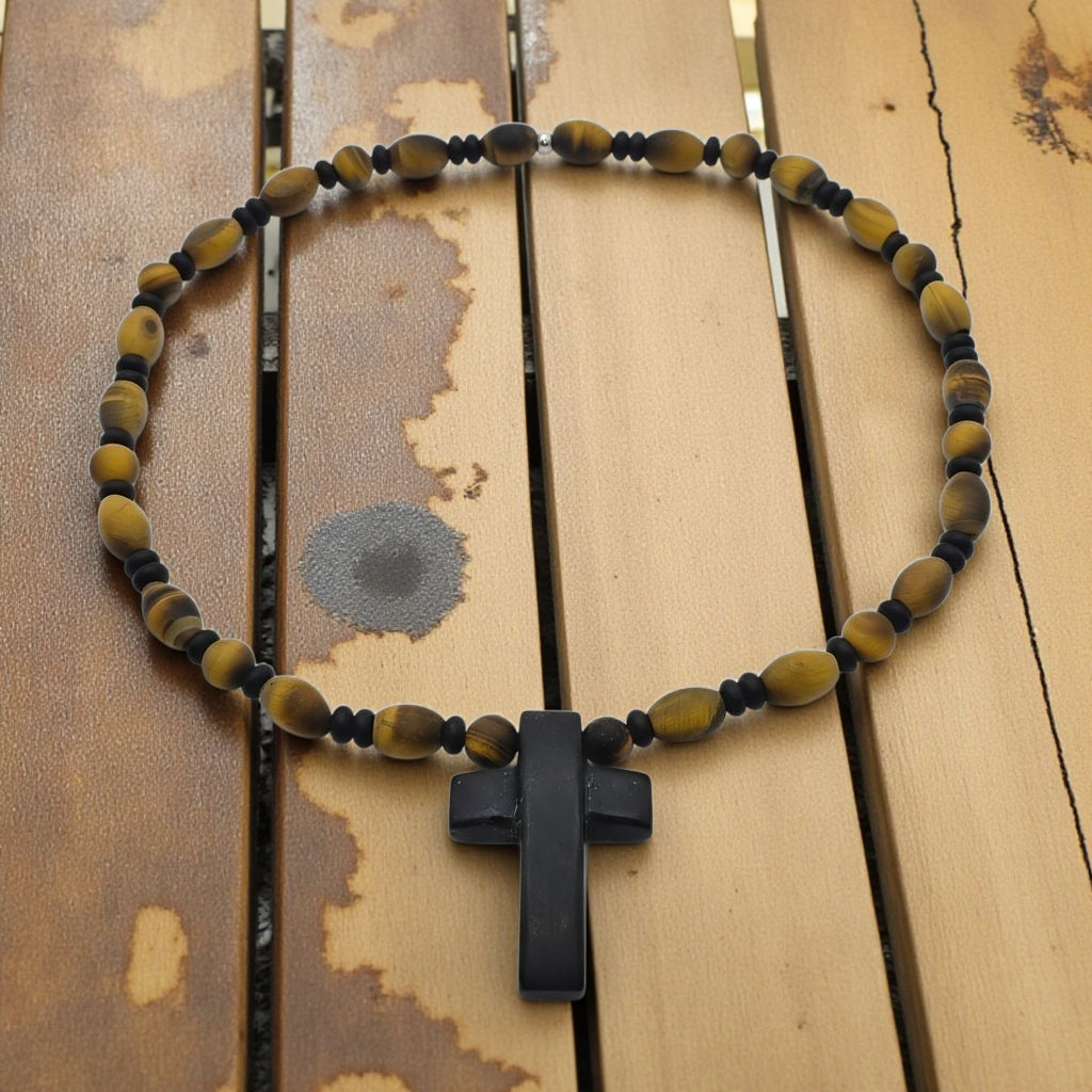 Tigerauge Energie Kette mit Kreuz Onyx Solarplexus Chakra