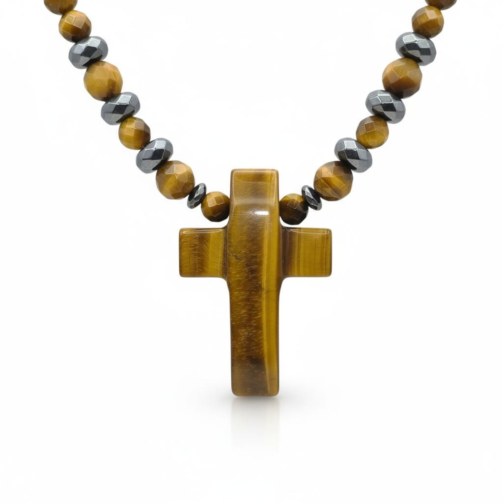 Tigerauge Energie Kette mit Kreuz Tigerauge Solarplexus Chakra