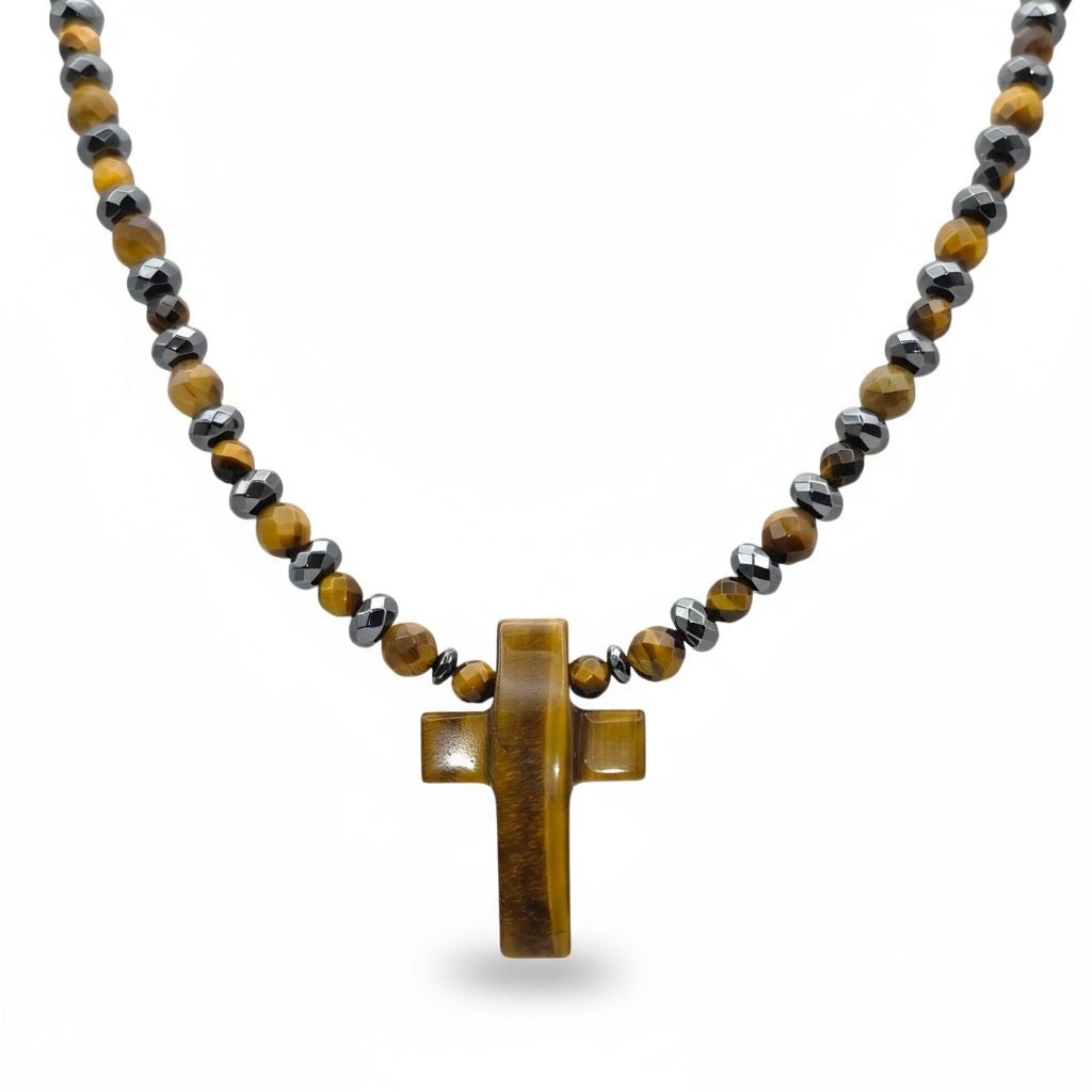 Tigerauge Energie Kette mit Kreuz Tigerauge Solarplexus Chakra