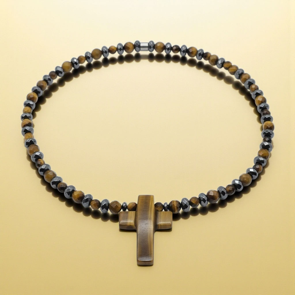 Tigerauge Energie Kette mit Kreuz Tigerauge Solarplexus Chakra