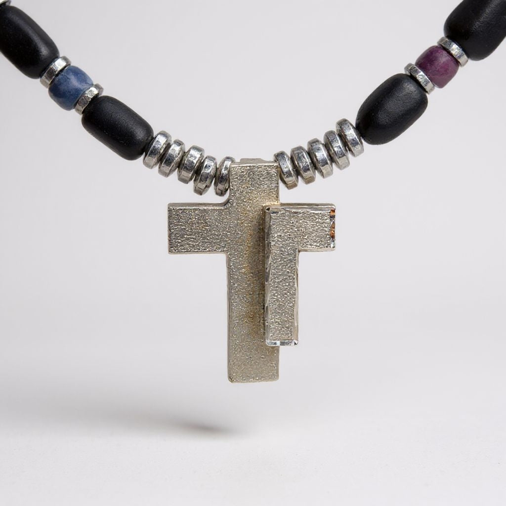 Turmalin Schörl Energie Kette mit Rubin & Saphir Anhänger Kreuz  Sterlingsilber 925er rhodiniert Wurzelchakra