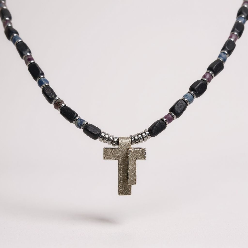 Turmalin Schörl Energie Kette mit Rubin & Saphir Anhänger Kreuz  Sterlingsilber 925er rhodiniert Wurzelchakra