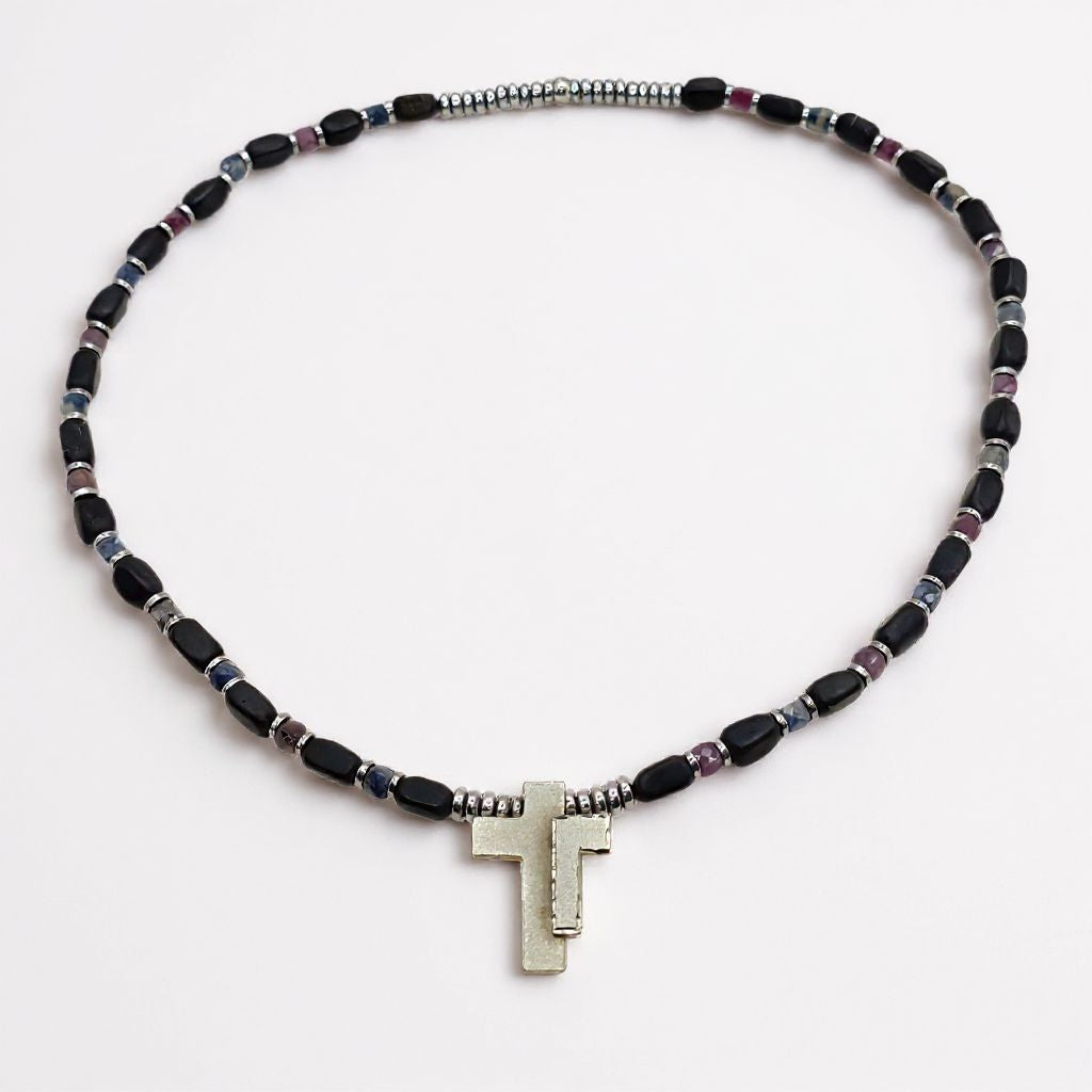 Turmalin Schörl Energie Kette mit Rubin & Saphir Anhänger Kreuz  Sterlingsilber 925er rhodiniert Wurzelchakra