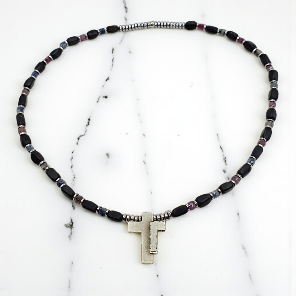 Turmalin Schörl Energie Kette mit Rubin & Saphir Anhänger Kreuz  Sterlingsilber 925er rhodiniert Wurzelchakra