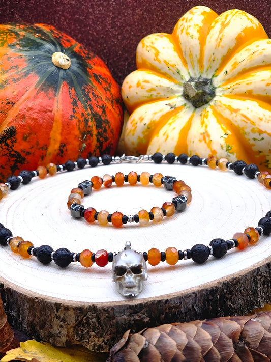 Karneol Totenkopf-Halskette und Armband mit Lavastein & Hämatit