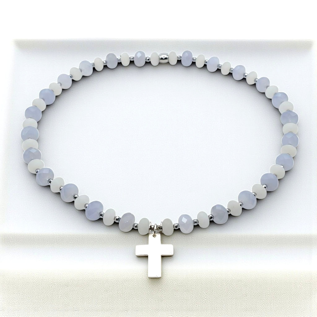 blauer Chalcedon Energie Kette mit Kreuz silber 925er Halschakra