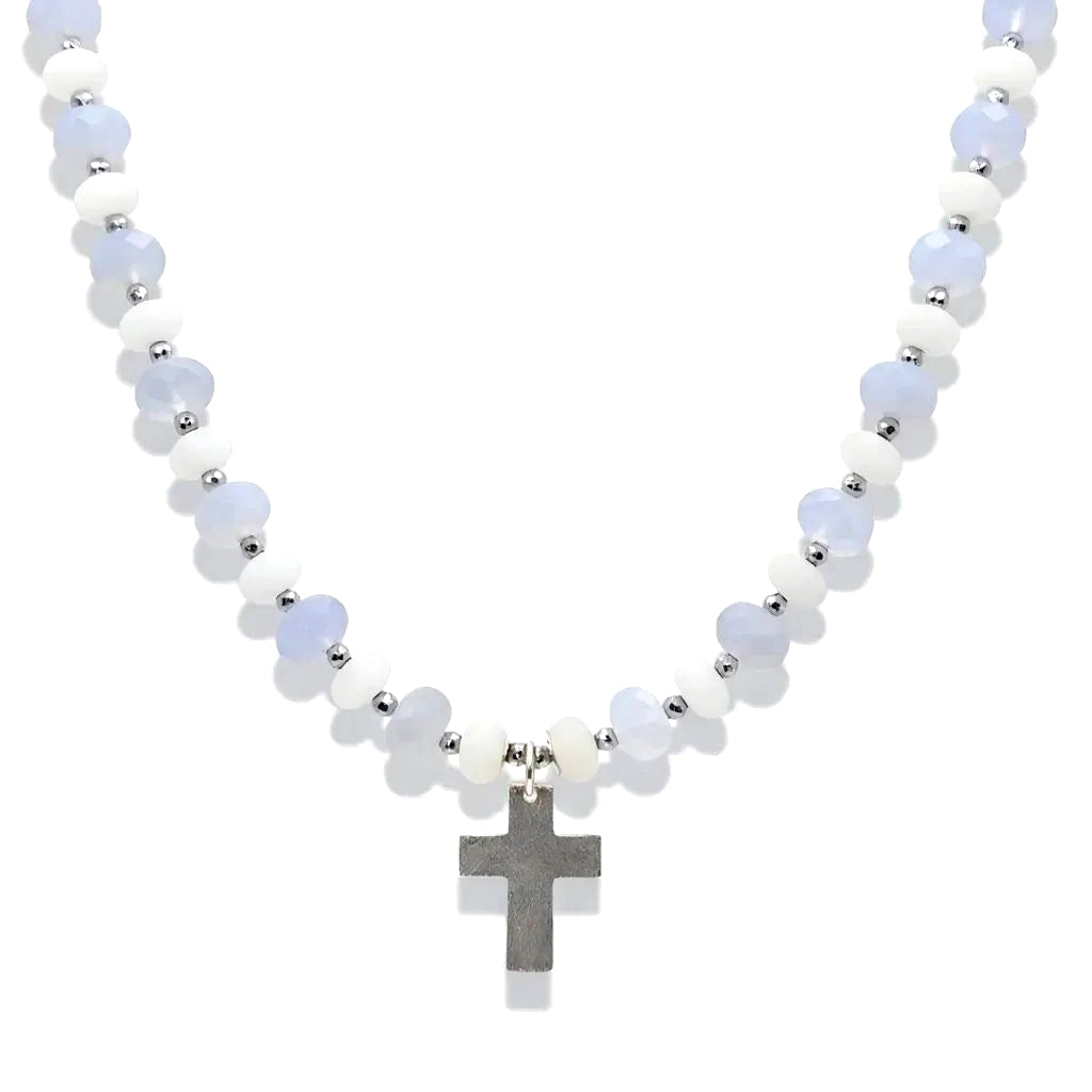 blauer Chalcedon Energie Kette mit Kreuz silber 925er Halschakra