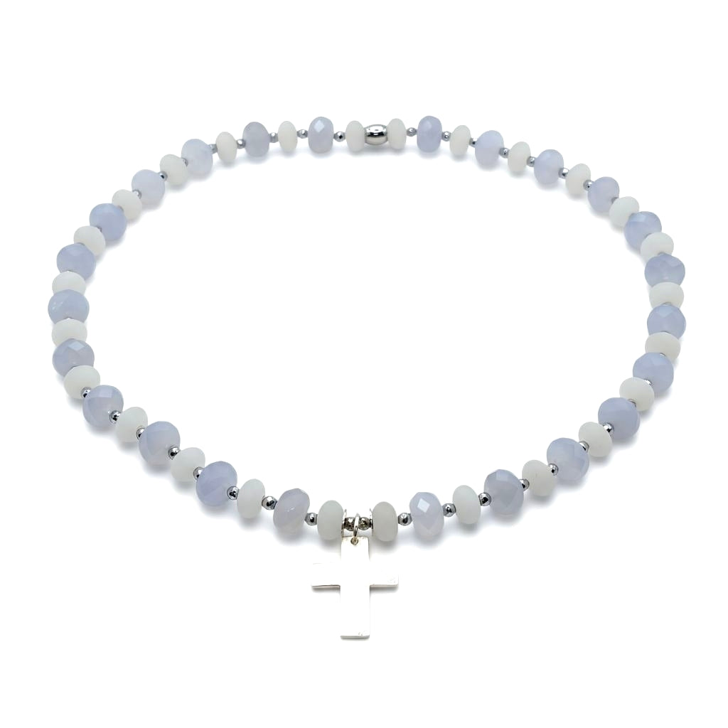 blauer Chalcedon Energie Kette mit Kreuz silber 925er Halschakra