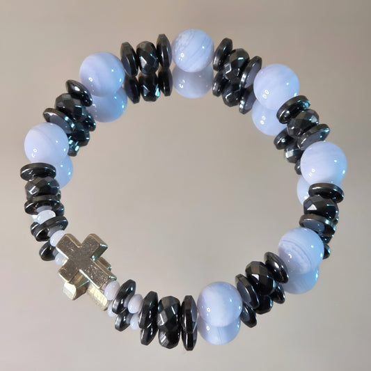 blauer Chalcedon Energie Armband Figaro Halschakra