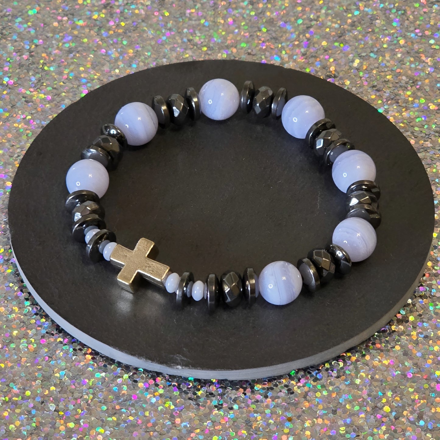 blauer Chalcedon Energie Armband Figaro Halschakra