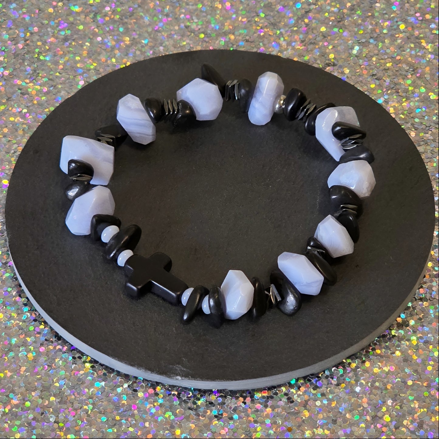 blauer Chalcedon Energie Armband Symphonie Halschakra