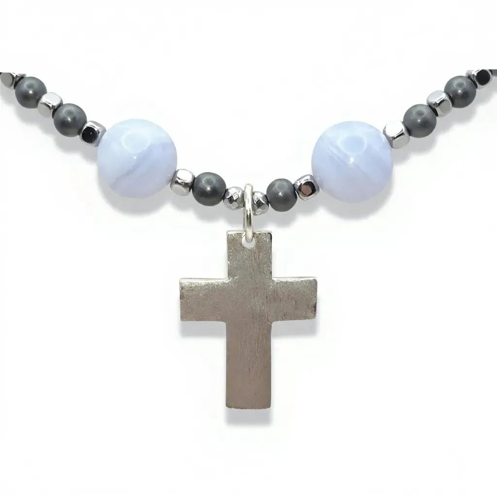blauer Chalcedon Energie mit Kreuz silber 925er Halschakra