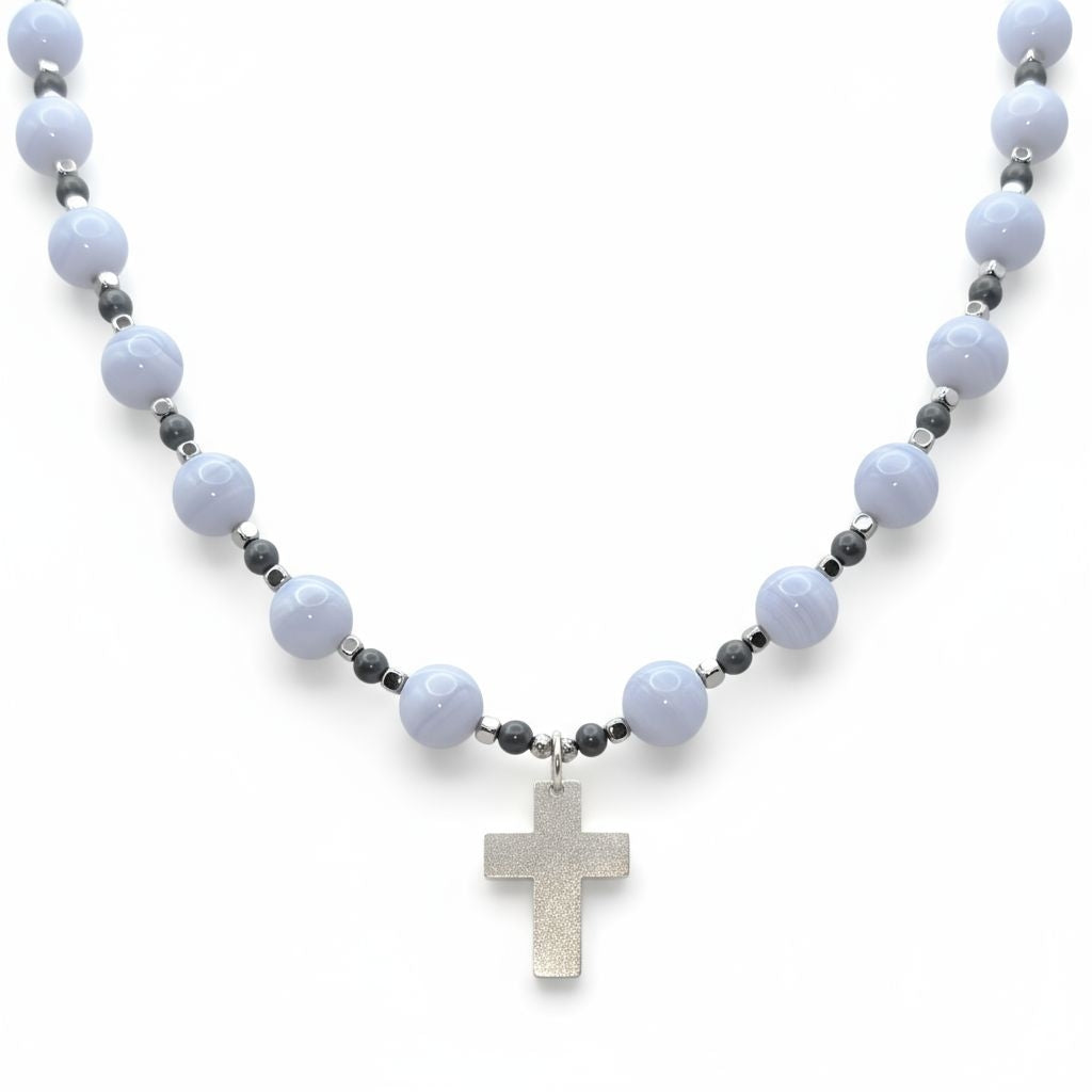 blauer Chalcedon Energie mit Kreuz silber 925er Halschakra