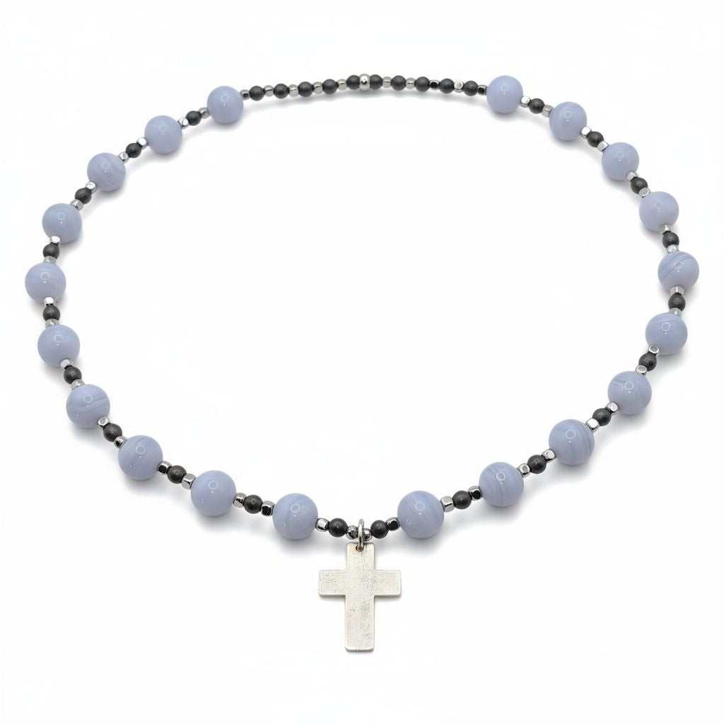 blauer Chalcedon Energie mit Kreuz silber 925er Halschakra