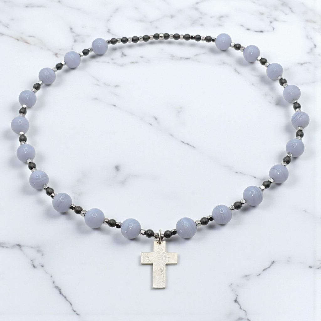 blauer Chalcedon Energie mit Kreuz silber 925er Halschakra