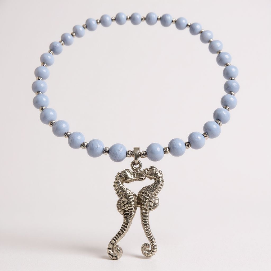 blauer Chalcedon Energie Kette mit Anhänger zwei Seepferdchen Sterlingsilber 925er rhodiniert Halschakra