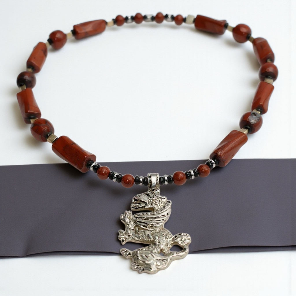 roter Jaspis  Energie Kette mit Anhänger Drache Sterlingsilber 925er rhodiniert Wurzelchakra