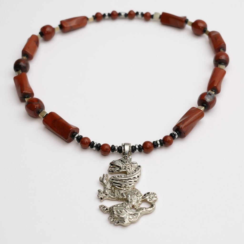 roter Jaspis  Energie Kette mit Anhänger Drache Sterlingsilber 925er rhodiniert Wurzelchakra