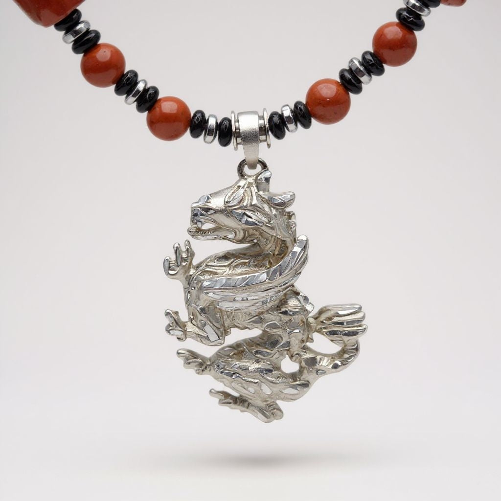 roter Jaspis  Energie Kette mit Anhänger Drache Sterlingsilber 925er rhodiniert Wurzelchakra